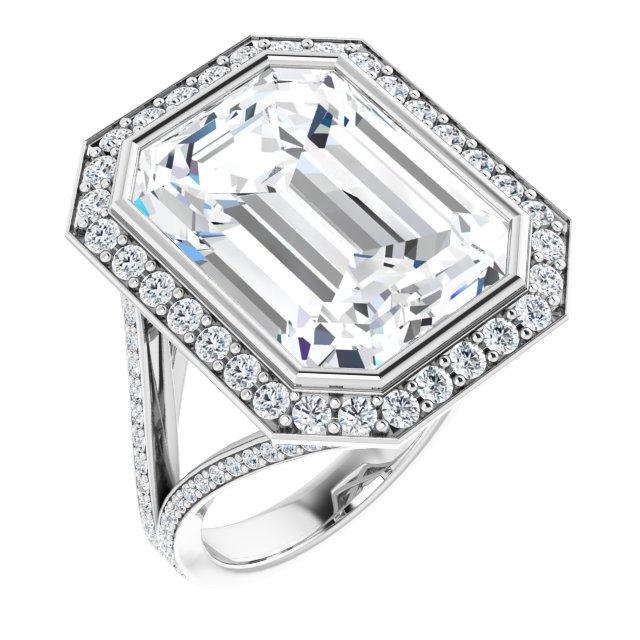 Platinum Emerald Bezel-Set Halo-Style Engagement Ring Mounting