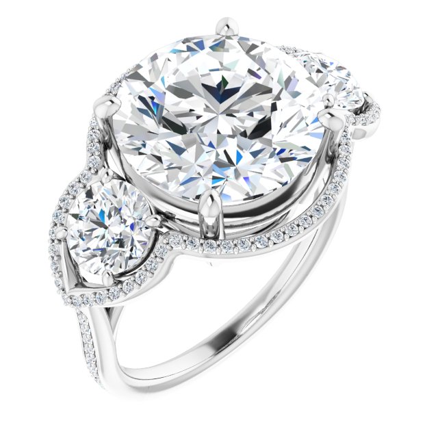 14K White 12 Round Three-Stone Halo-Style Engagement Ring Mounting