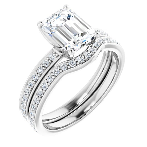 14K White Emerald Accented Engagement Ring