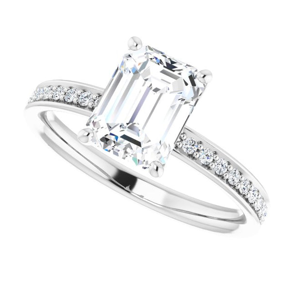 14K White Emerald Accented Engagement Ring